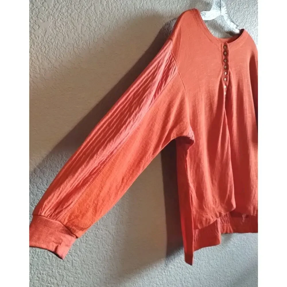 We The Free Back At It Oversize Linen Blend Henley Thick Pullover Orange Top XS